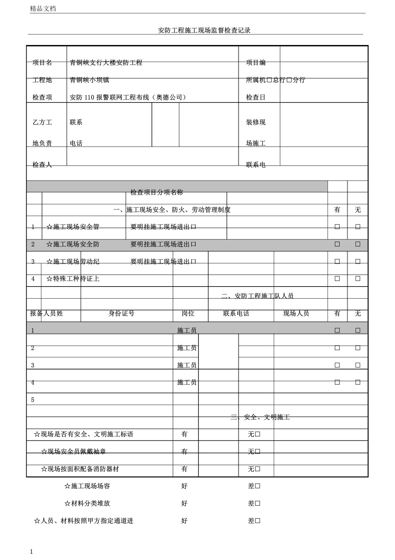 现场施工现场监督检查记录