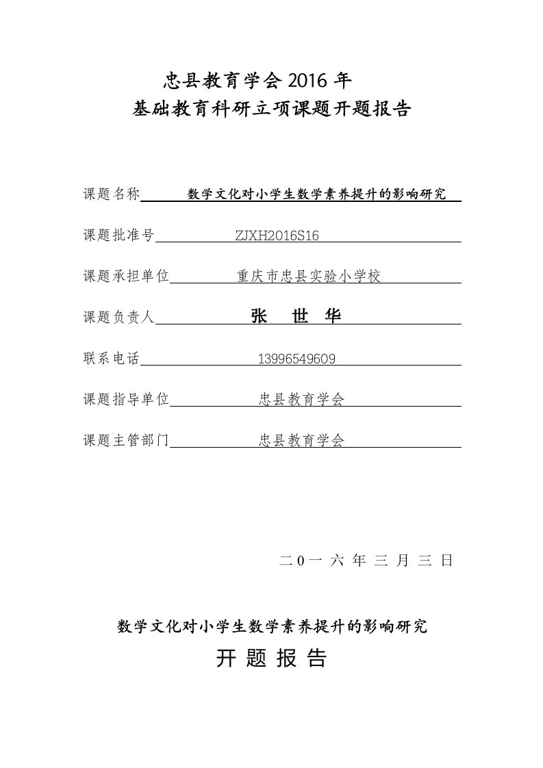 学文化对小学生数学素养提升的影响研究开题报告