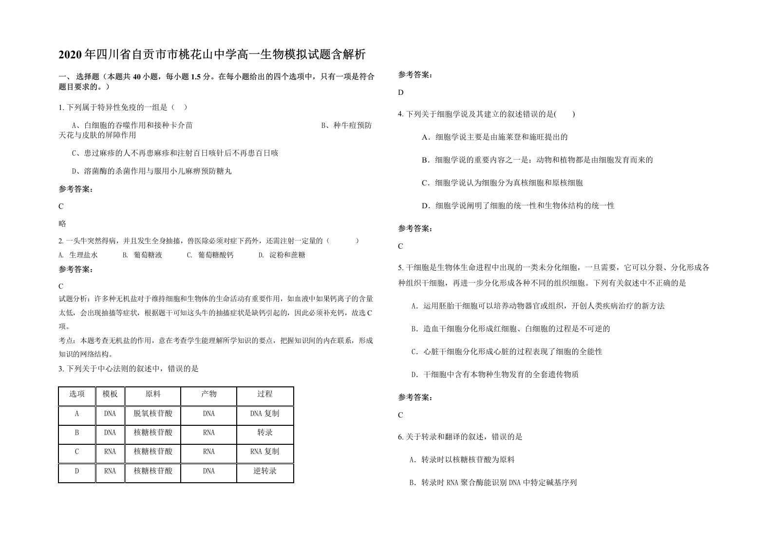 2020年四川省自贡市市桃花山中学高一生物模拟试题含解析