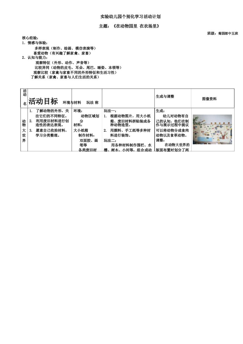 幼儿园中班主题《在农场里、在动物园》个别化活动方案