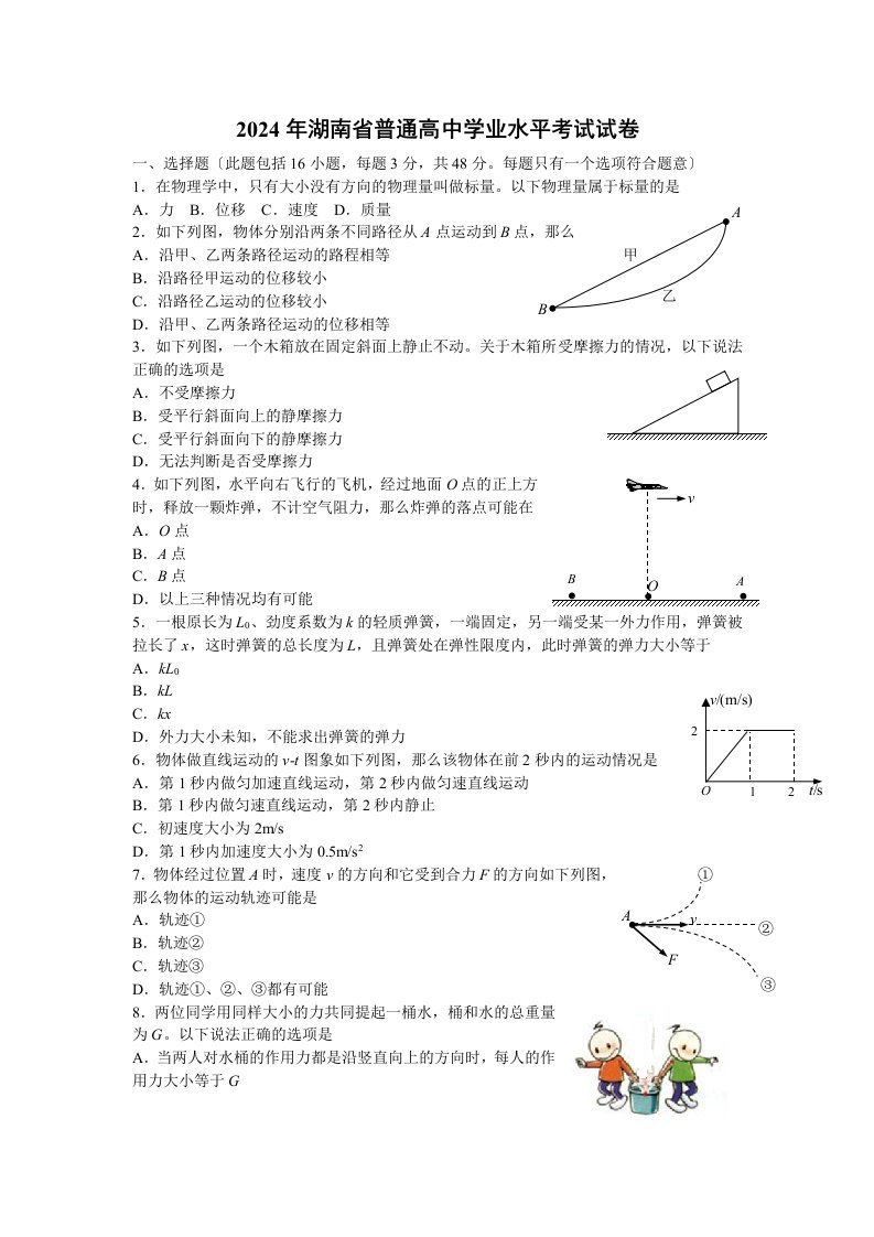 2024年湖南省普通高中学业水平考试物理试卷