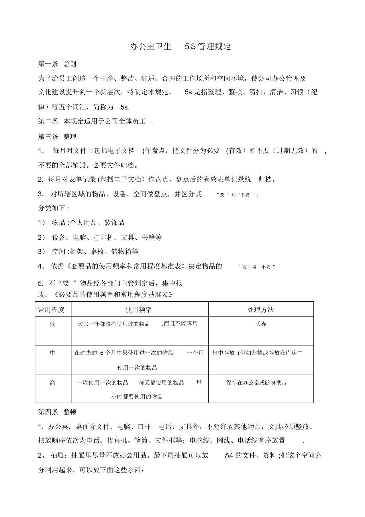 办公室卫生5S管理规定