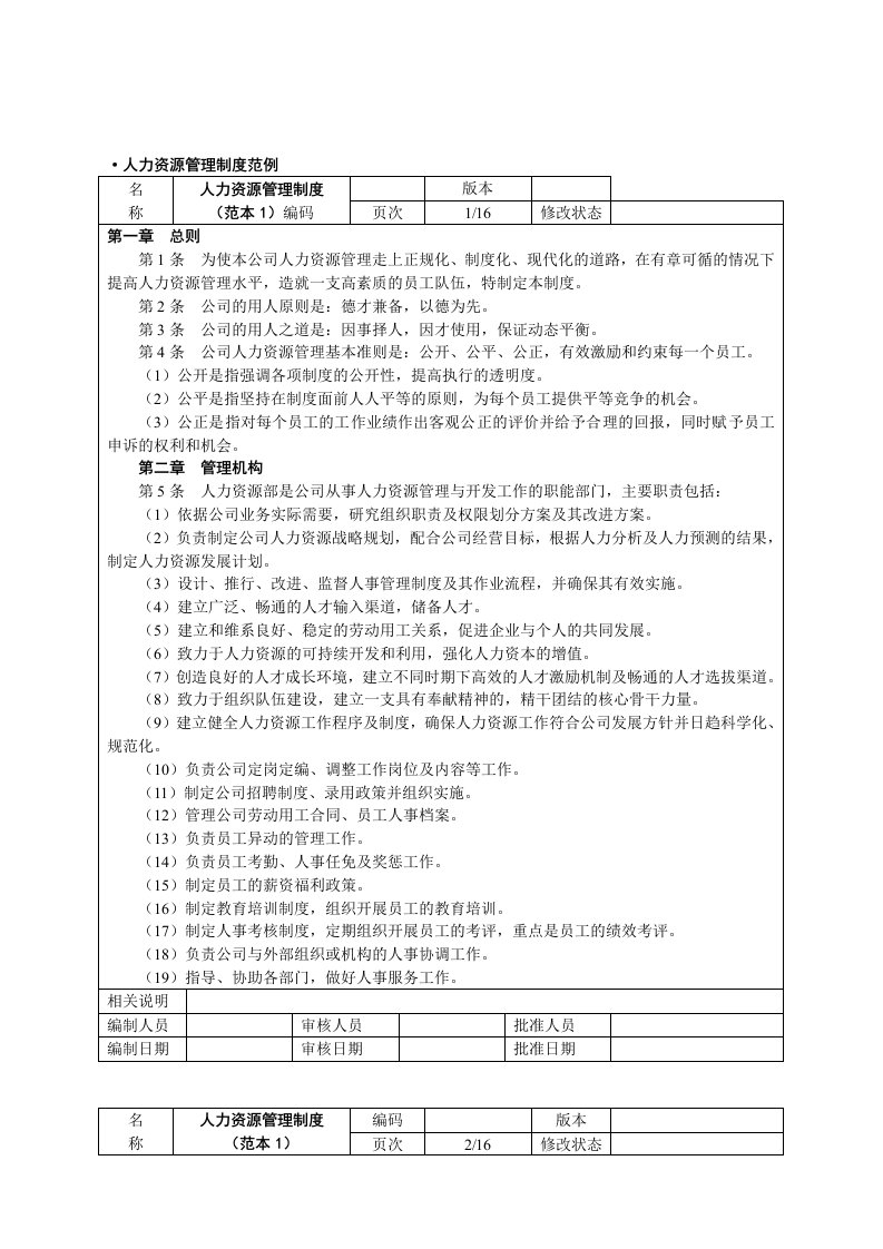 精选某公司人力资源制度范例