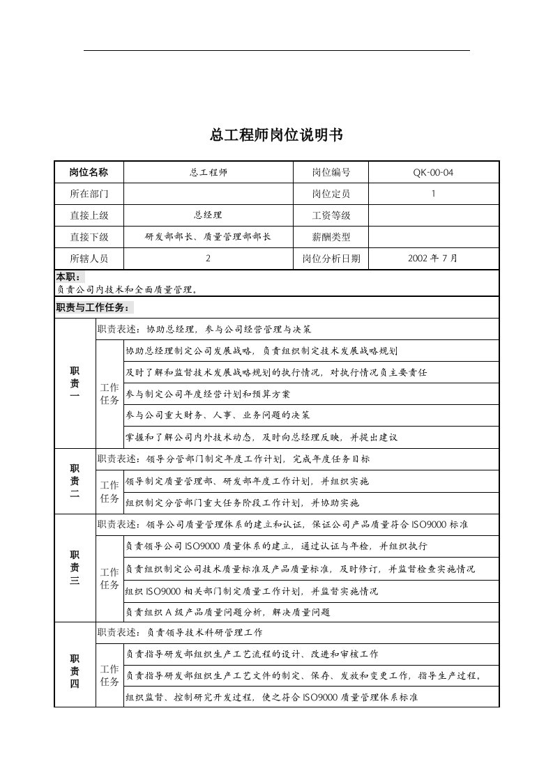 乾坤木业公司总工程师岗位说明书