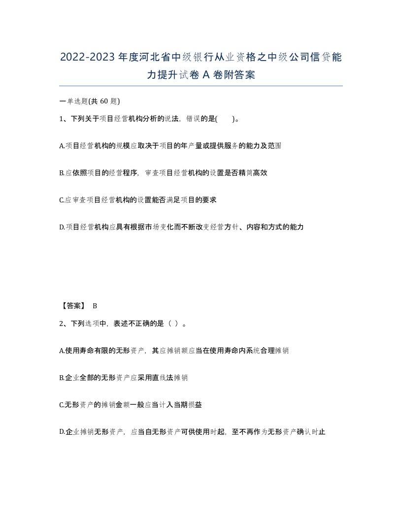 2022-2023年度河北省中级银行从业资格之中级公司信贷能力提升试卷A卷附答案