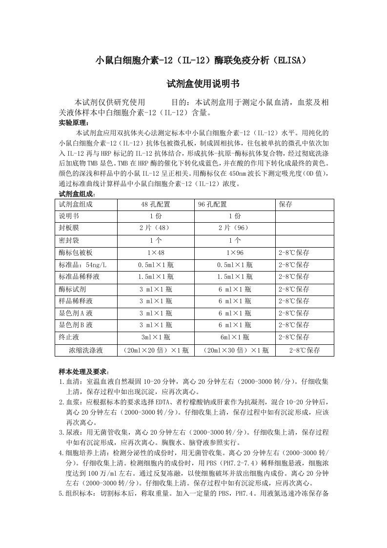 小鼠白细胞介素12IL12酶联免疫分析ELISA