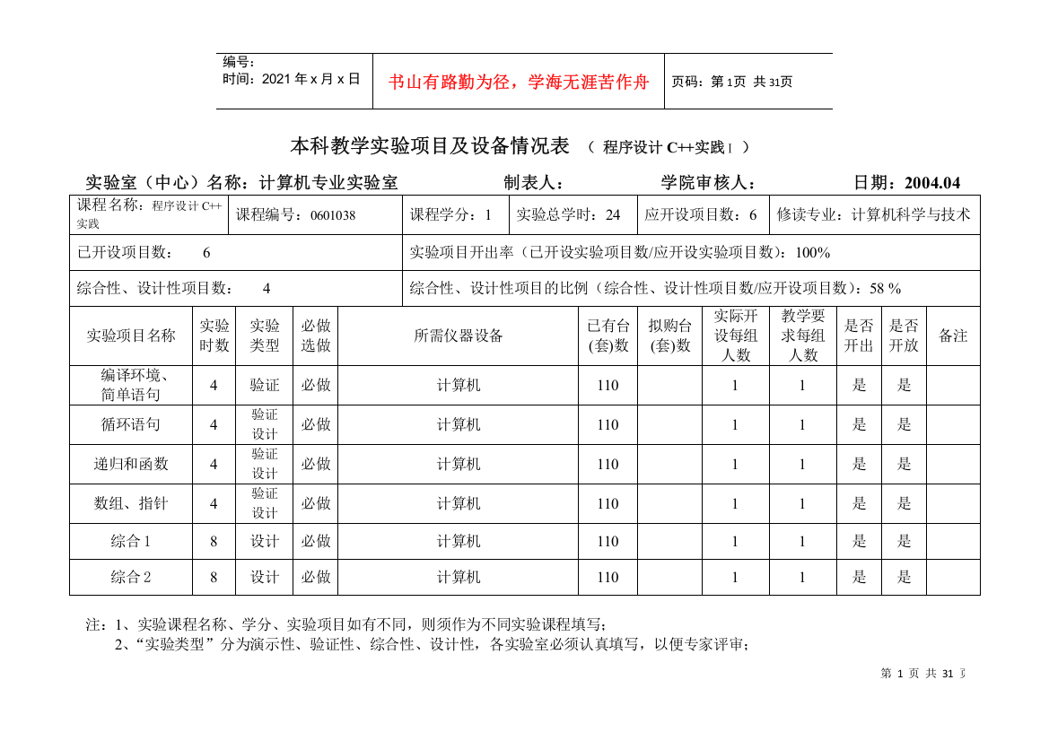 本科教学实验项目及设备情况表