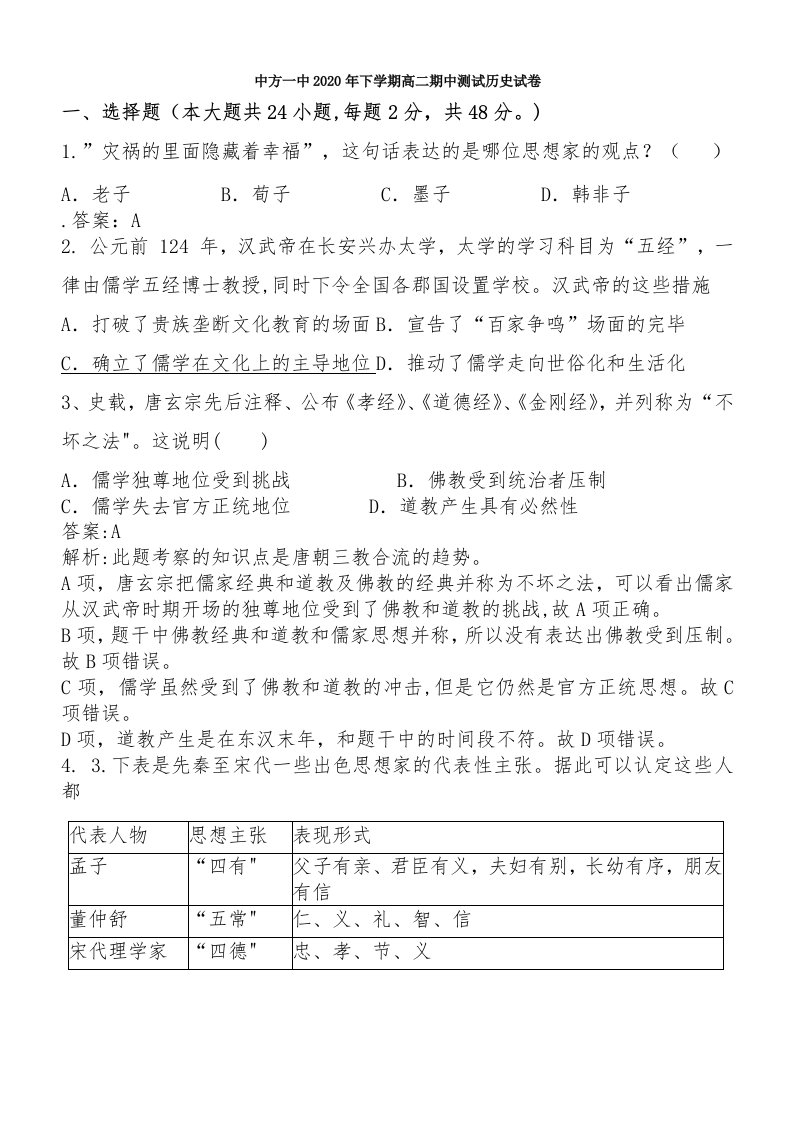 2020年下学期高二历史中考试题