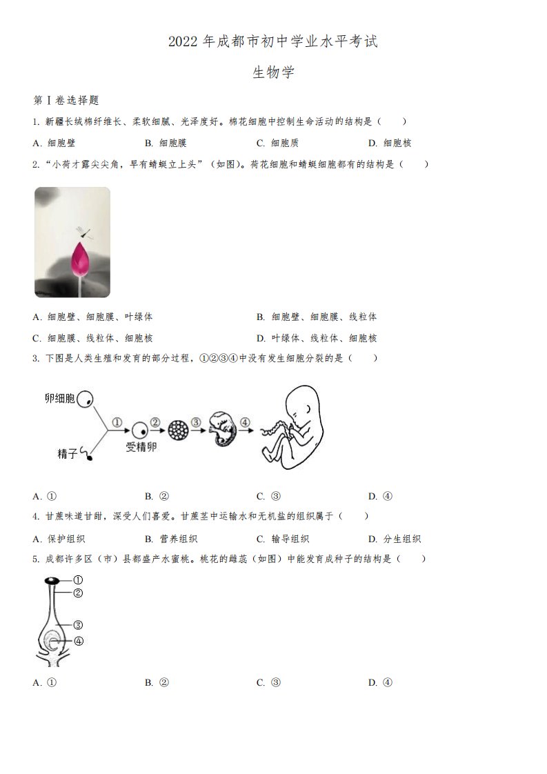 2022年四川省成都市(初三学业水平考试)中考生物真题试卷含详解