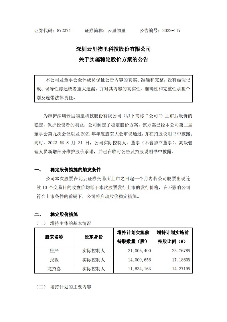 北交所-[临时公告]云里物里:关于实施稳定股价方案的公告-20221222