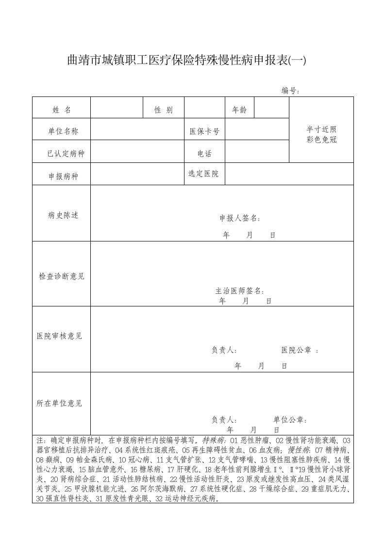 曲靖市城镇职工医疗保险特殊慢性病申报表（一）