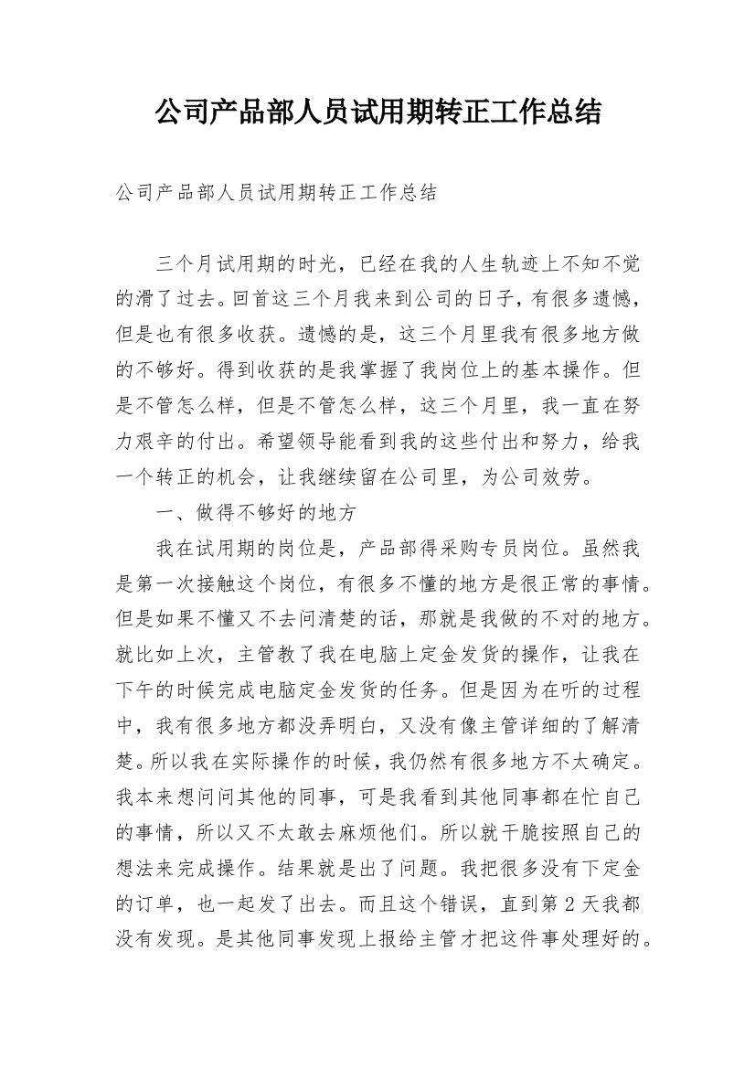 公司产品部人员试用期转正工作总结