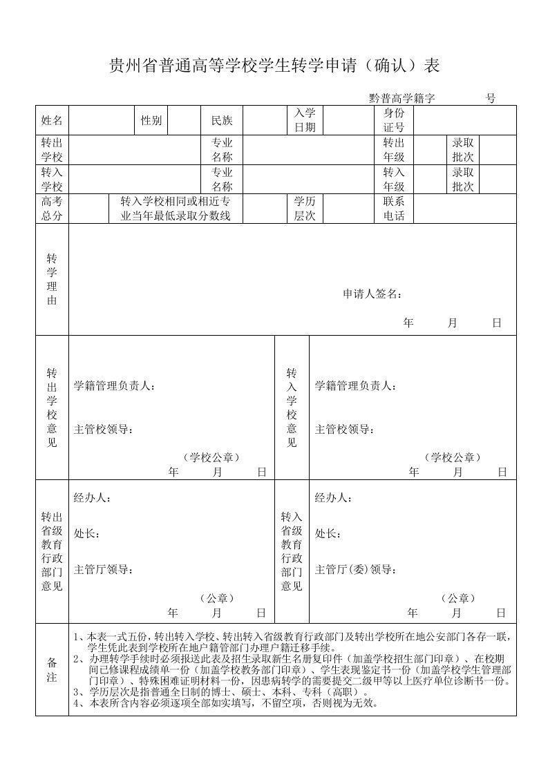 贵州普通高等学校学生转学申请确认表