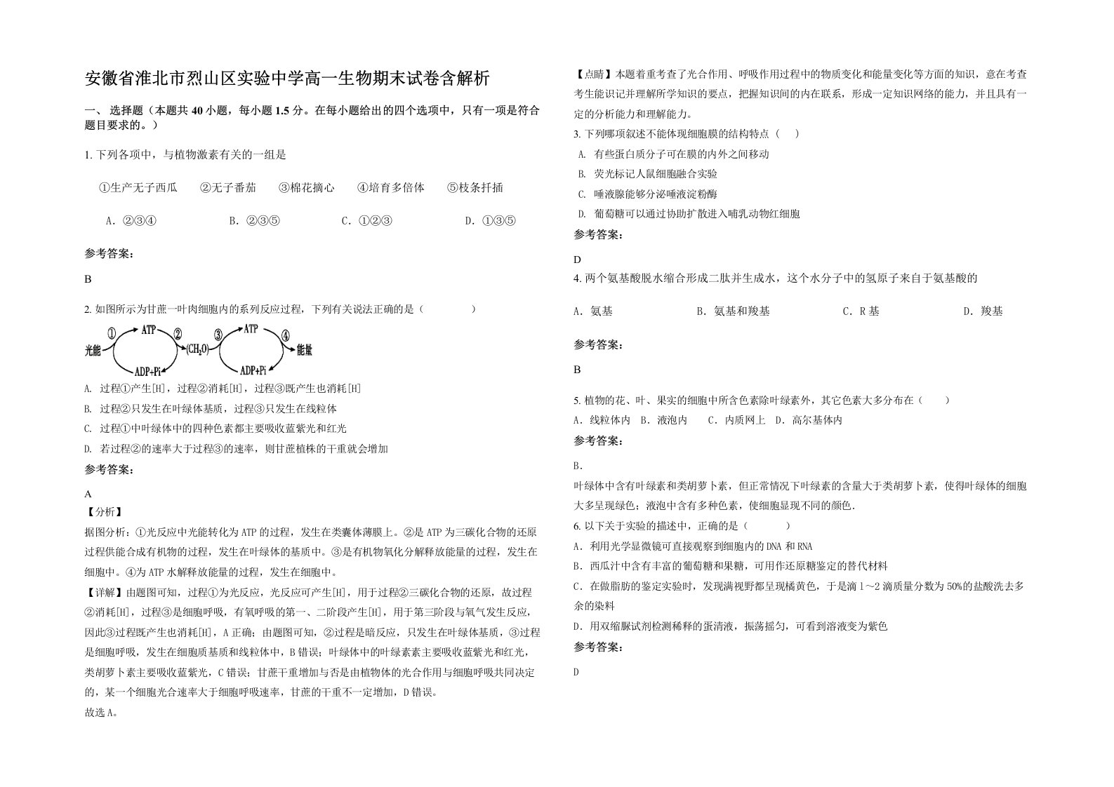 安徽省淮北市烈山区实验中学高一生物期末试卷含解析