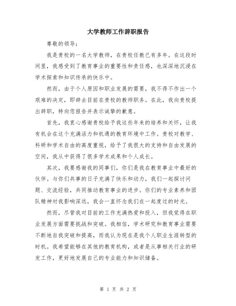 大学教师工作辞职报告