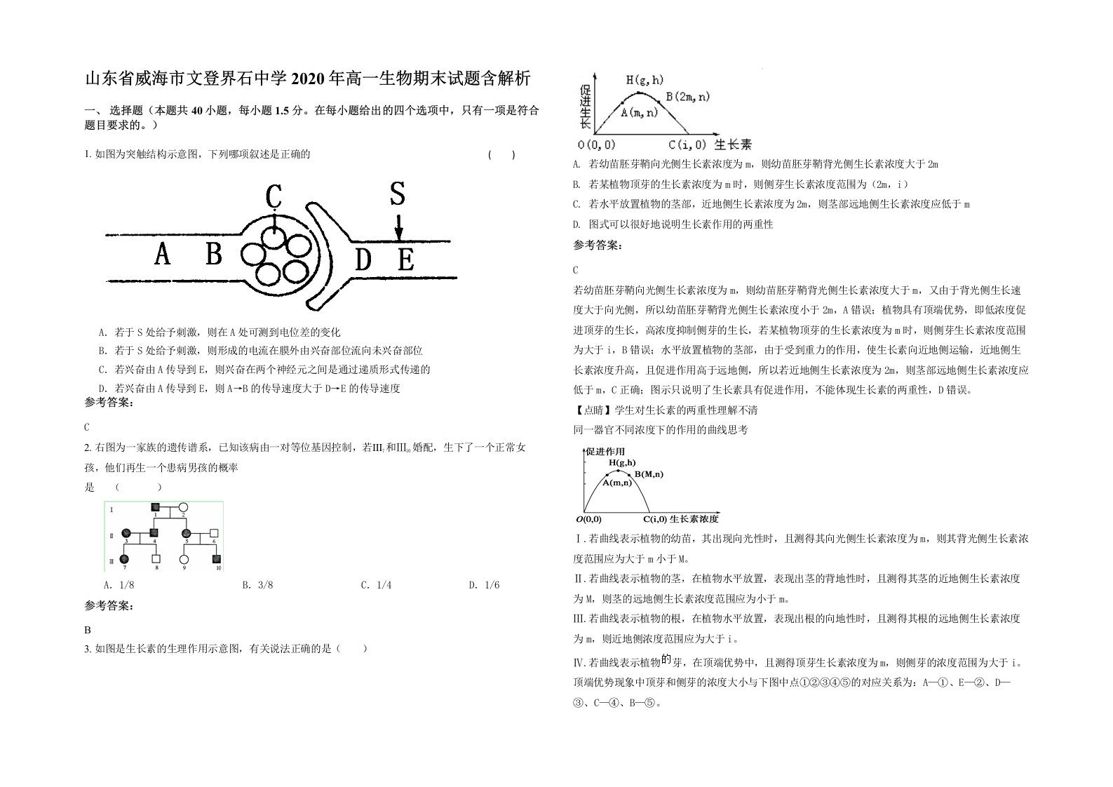 山东省威海市文登界石中学2020年高一生物期末试题含解析