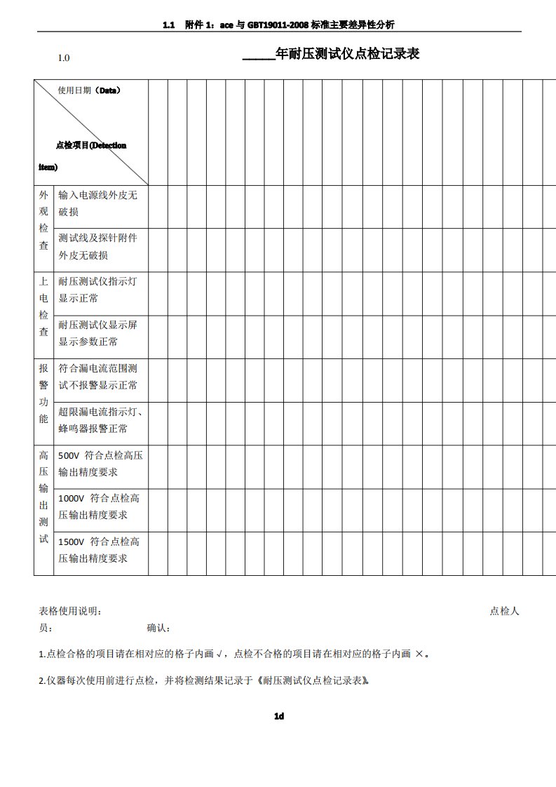 耐压测试仪点检记录表