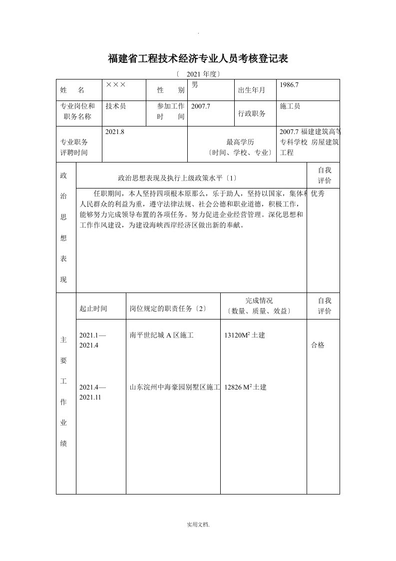 福建省工程技术经济专业人员考核登记表范本