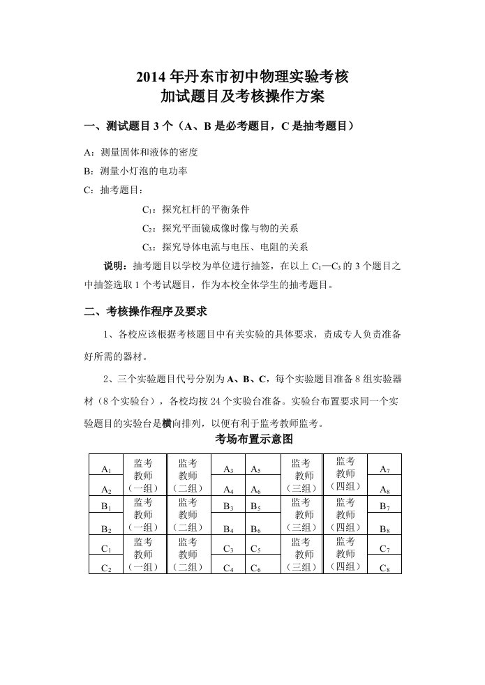 2014丹东市初中物理实验考核题目及评分表