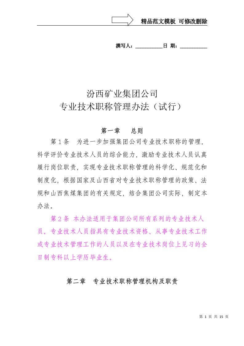 汾西矿业集团公司专业技术职称管理办法(试行)