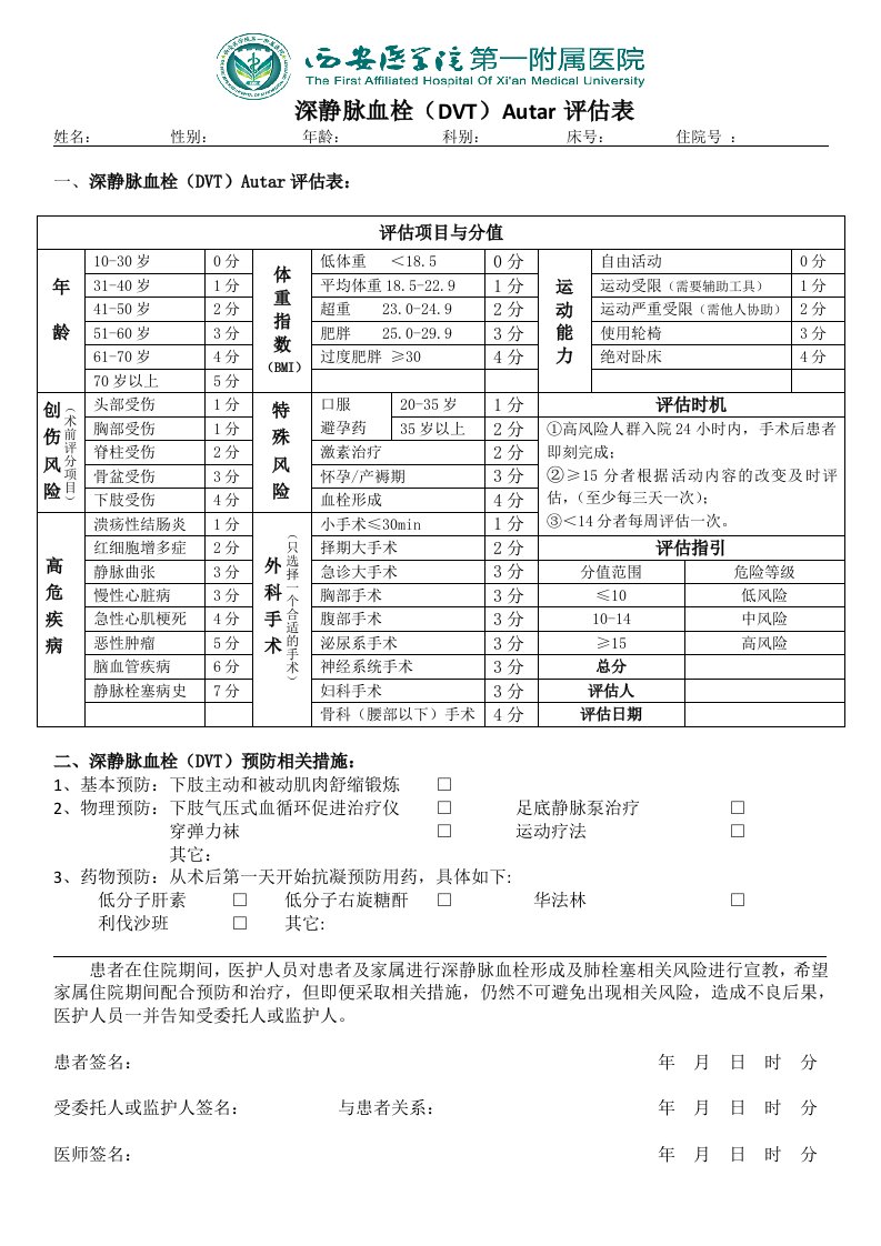 深静脉血栓Autar评分表