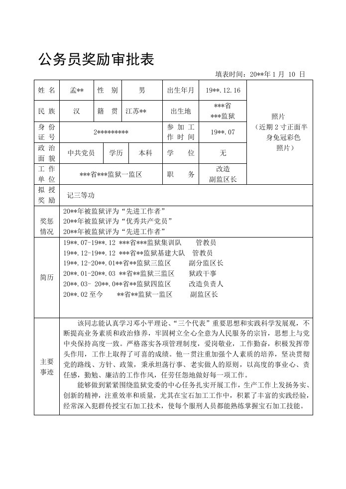 公务员奖励审批表(模板)