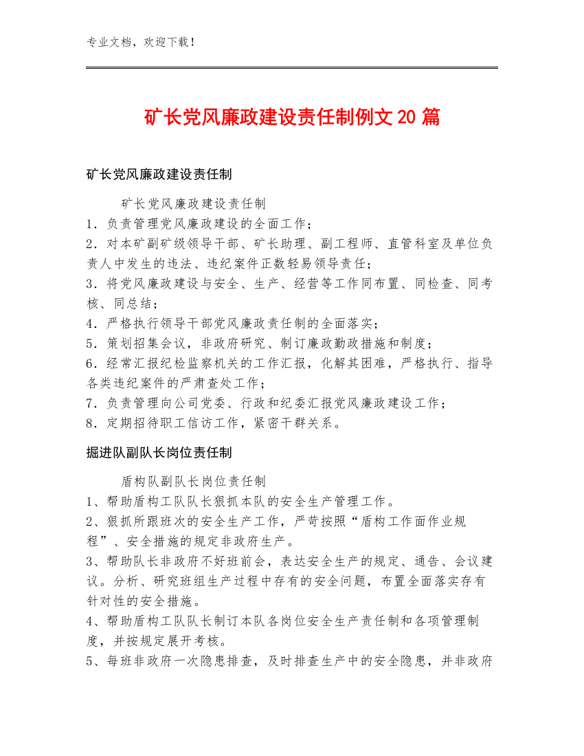 矿长党风廉政建设责任制例文20篇