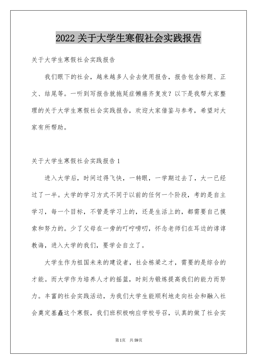 2022关于大学生寒假社会实践报告