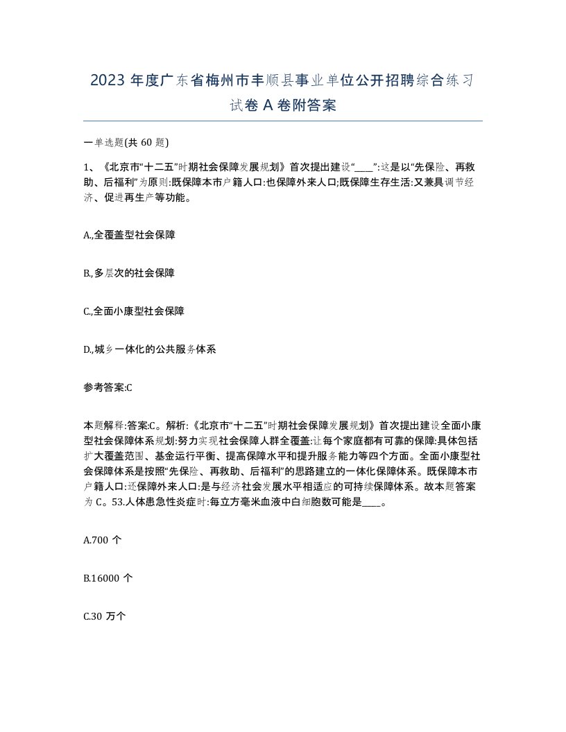 2023年度广东省梅州市丰顺县事业单位公开招聘综合练习试卷A卷附答案