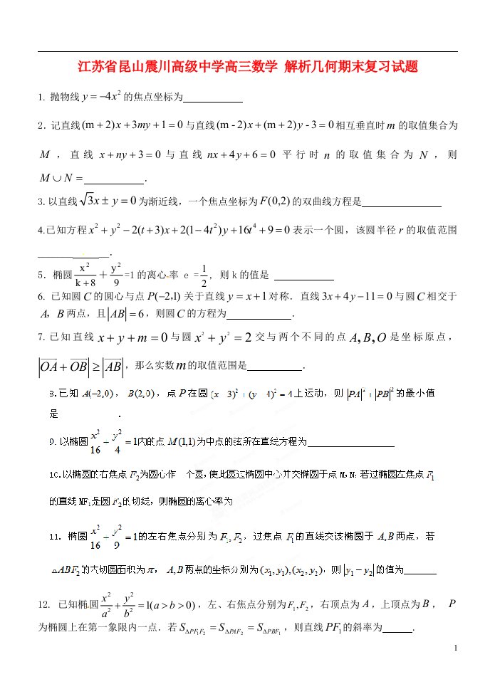 江苏省昆山震川高级中学高三数学