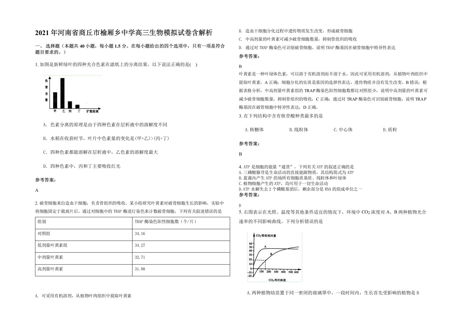 2021年河南省商丘市榆厢乡中学高三生物模拟试卷含解析