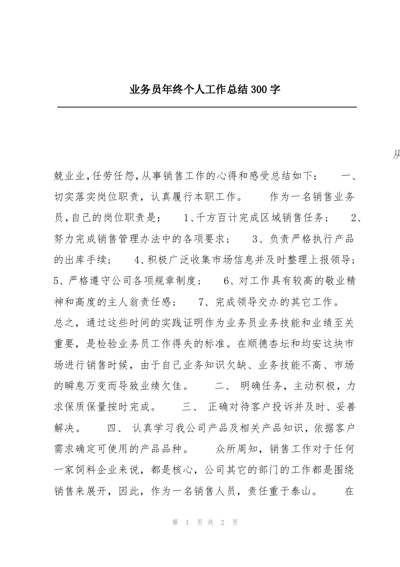 业务员年终个人工作总结300字