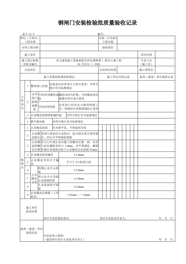 钢闸门安装检验批质量验收记录