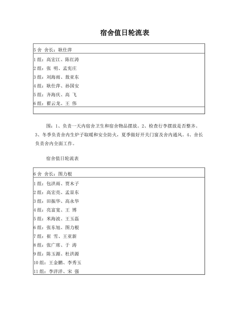 宿舍值日轮流表20110828