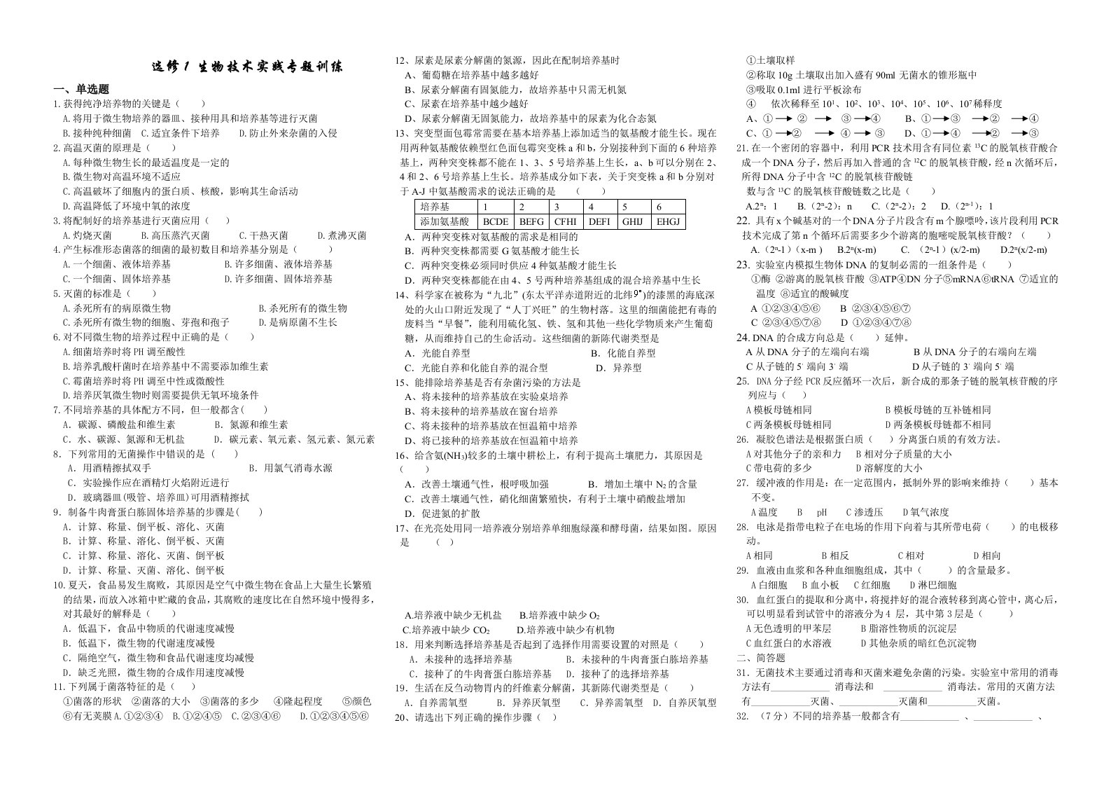 选修1生物技术实践专题训练