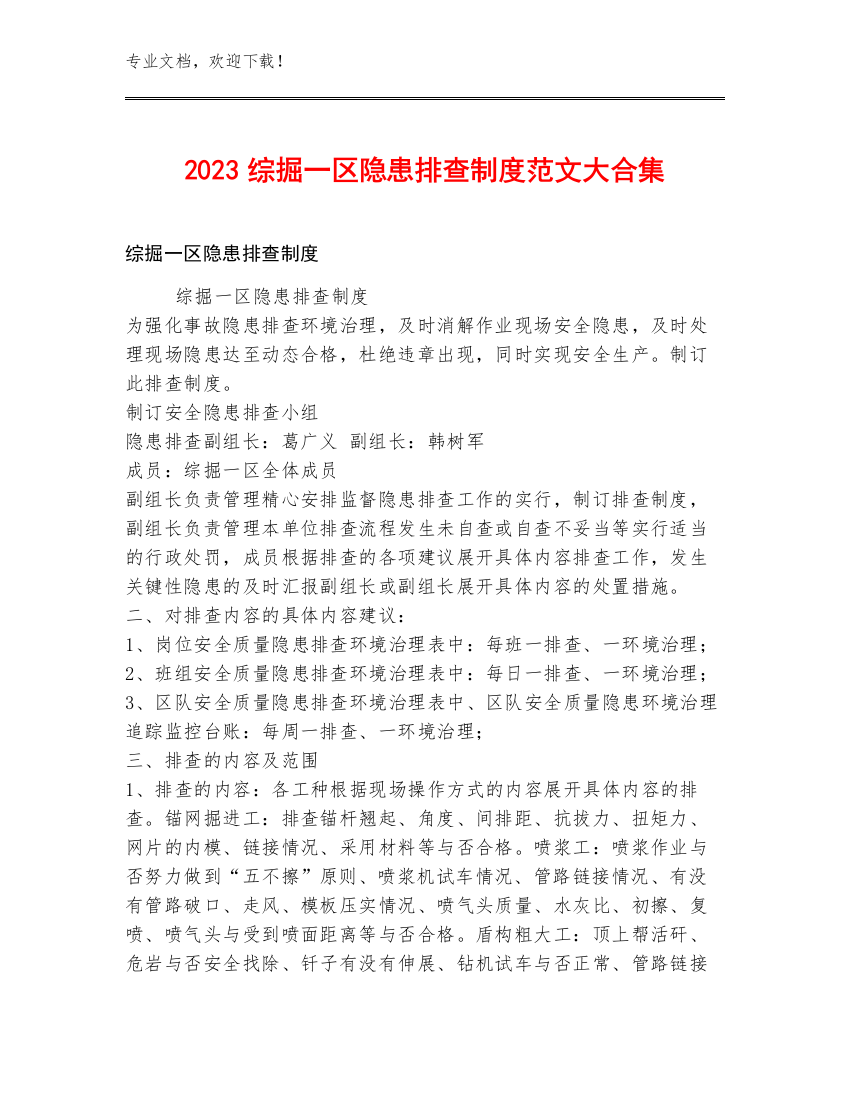 2023综掘一区隐患排查制度范文大合集