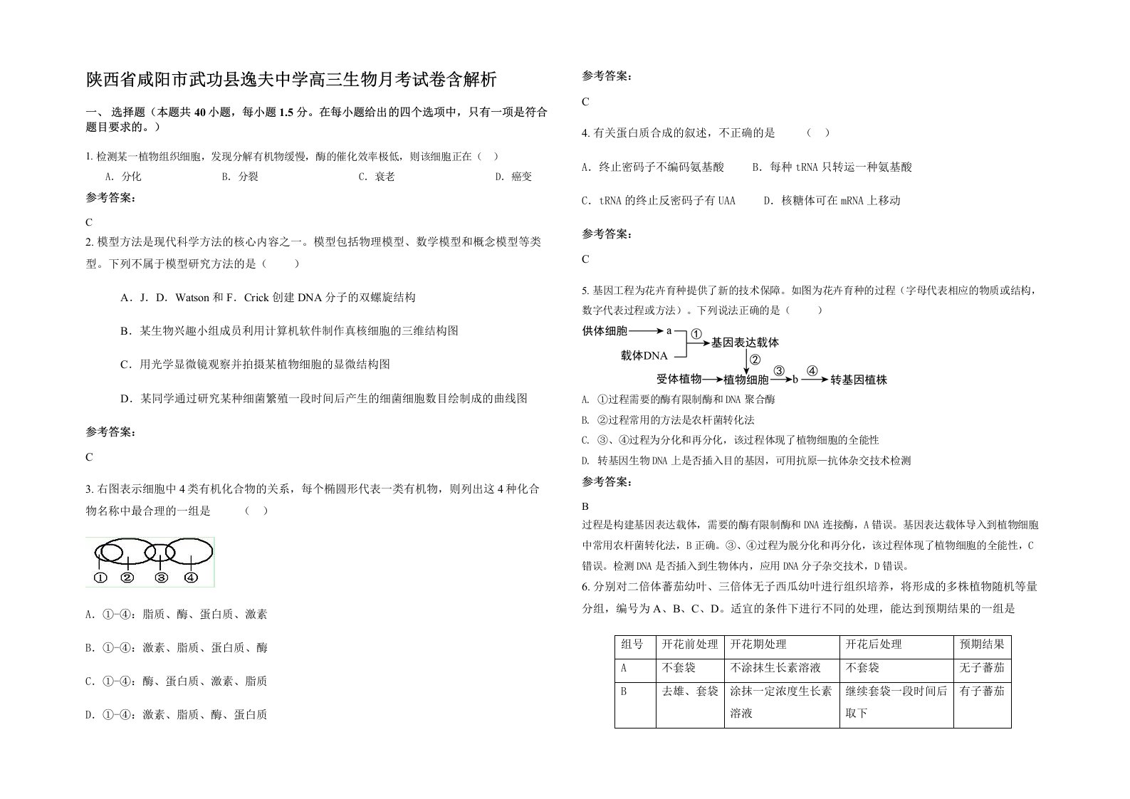 陕西省咸阳市武功县逸夫中学高三生物月考试卷含解析