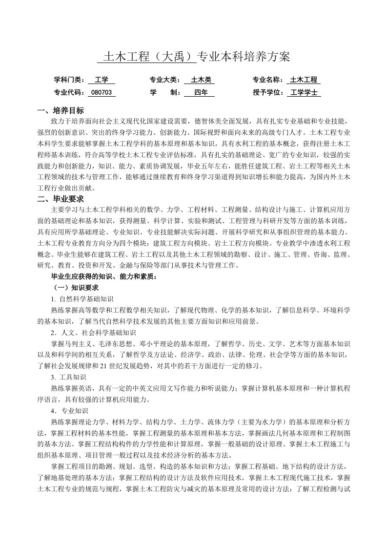 土木工程大禹专业本科培养方案