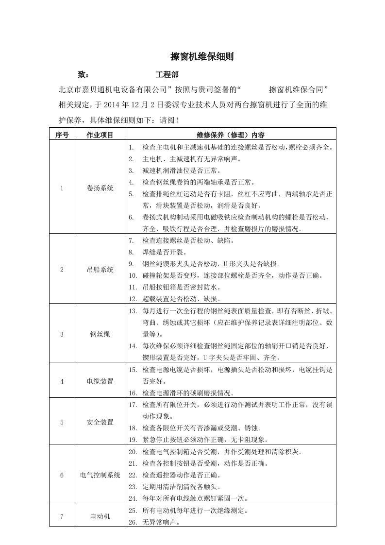 擦窗机维保-维修保养细则说明