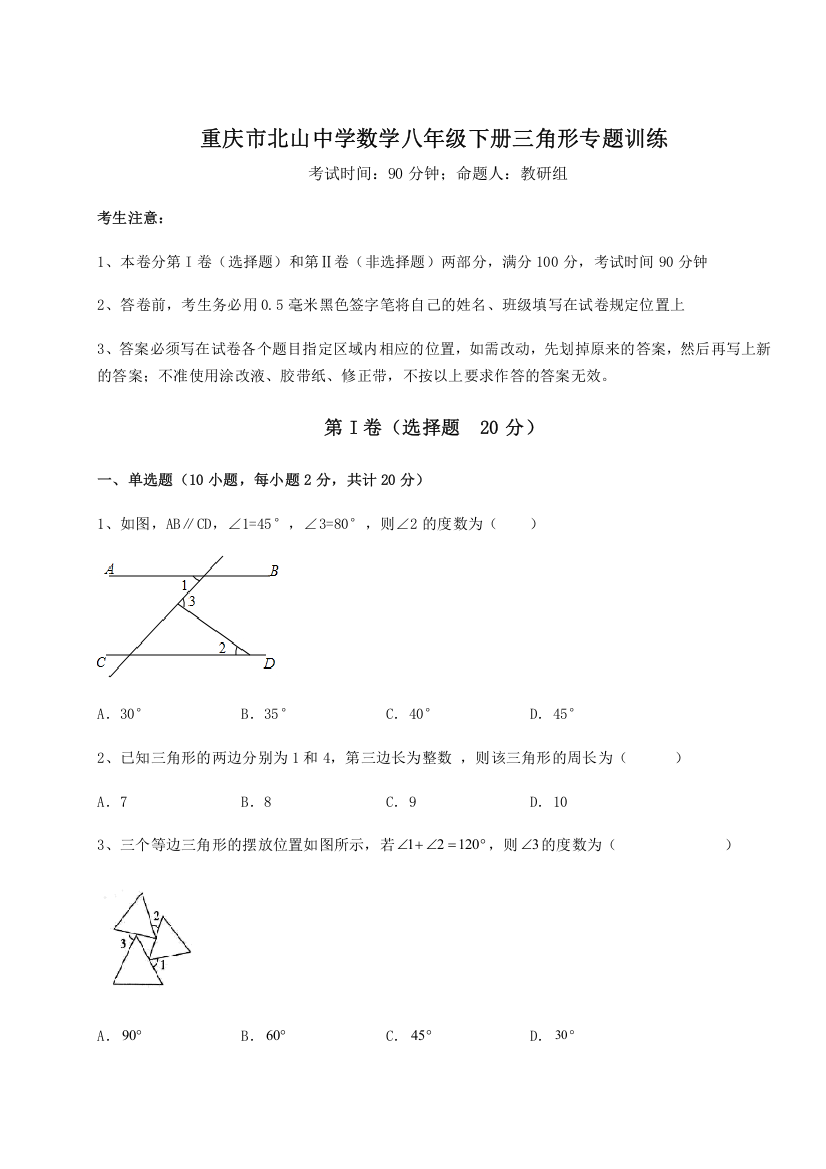 重难点解析重庆市北山中学数学八年级下册三角形专题训练试题