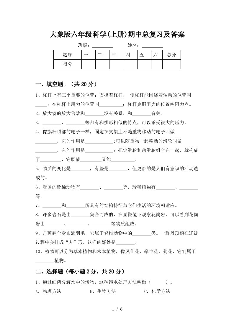 大象版六年级科学上册期中总复习及答案