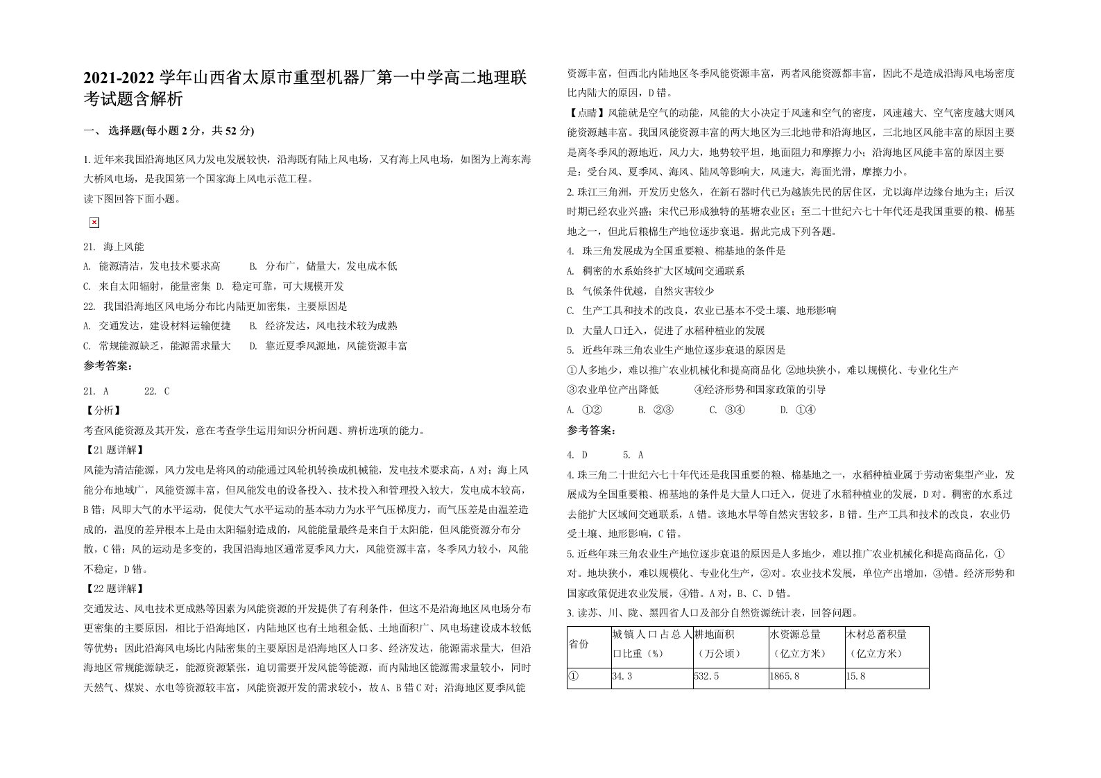 2021-2022学年山西省太原市重型机器厂第一中学高二地理联考试题含解析