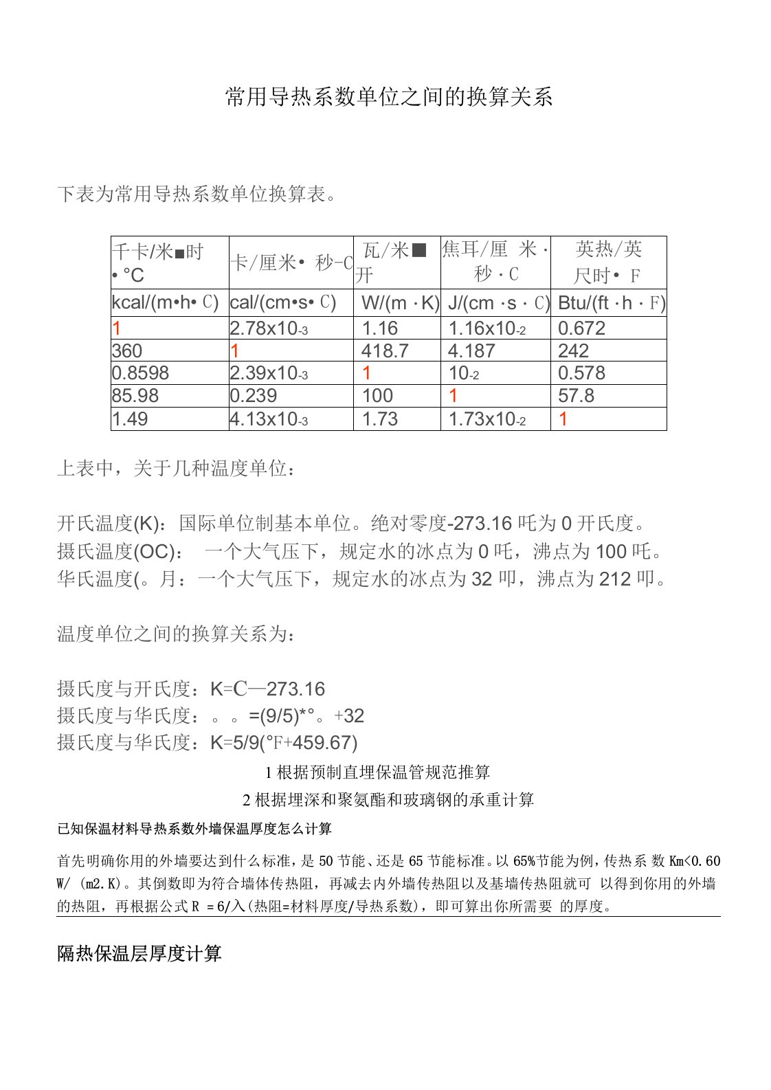 常用导热系数单位