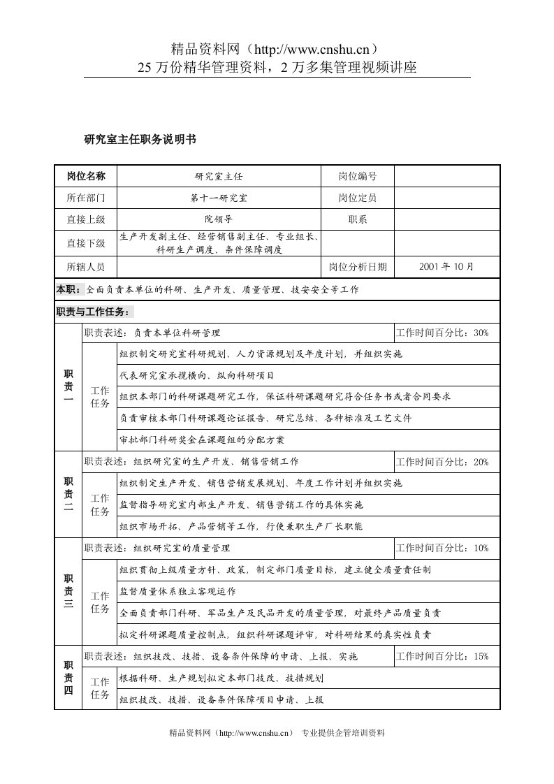 航材院研究室主任职务说明书