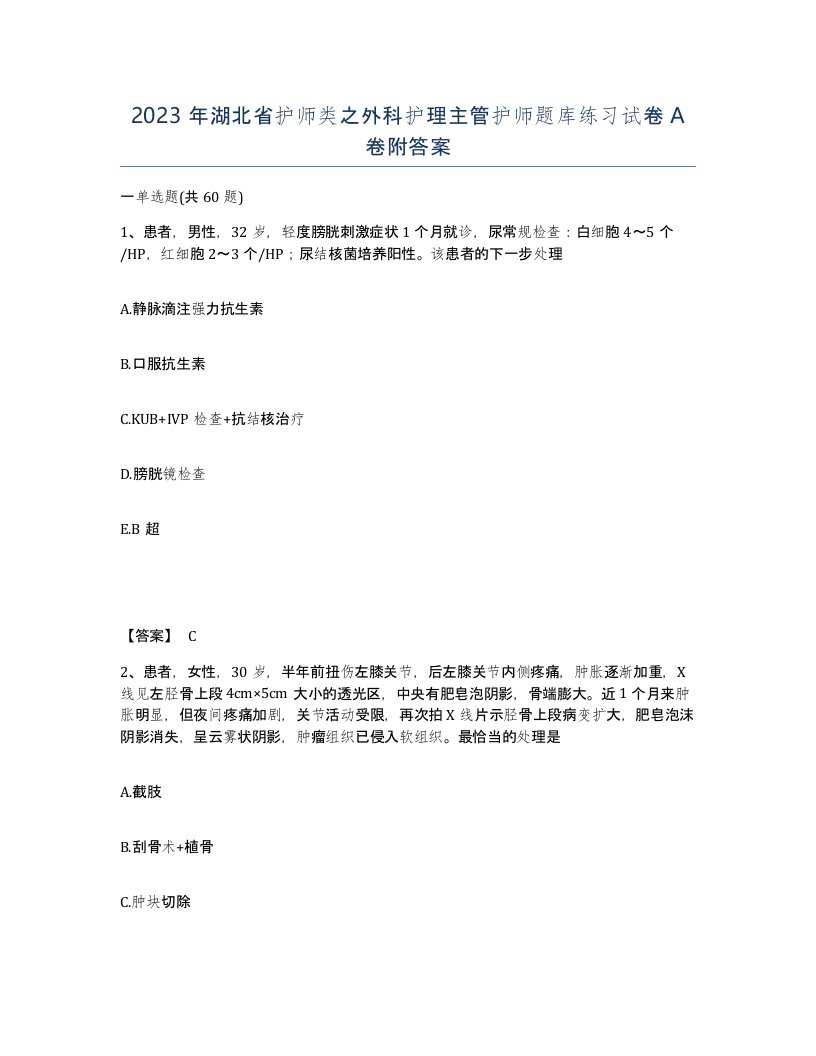 2023年湖北省护师类之外科护理主管护师题库练习试卷A卷附答案