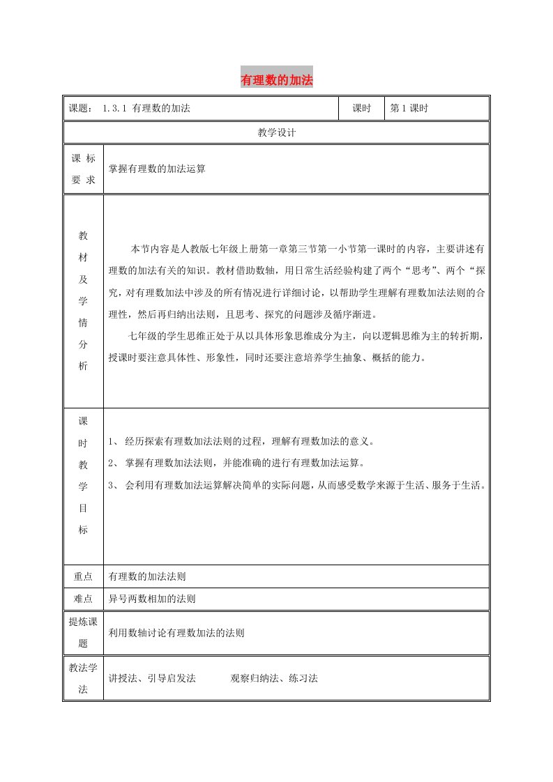 七年级数学上册第一章有理数1.3有理数的加减法1.3.1有理数的加法第1课时教案