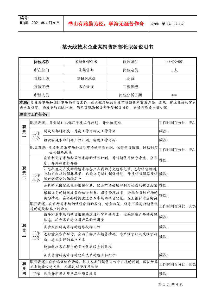 天线技术企业某销售部部长职务说明书.