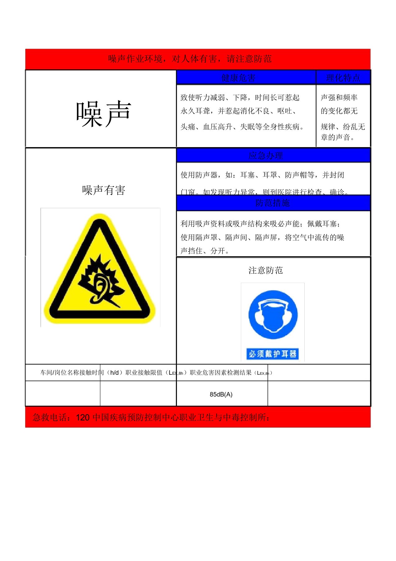 噪声-职业病危害告知卡