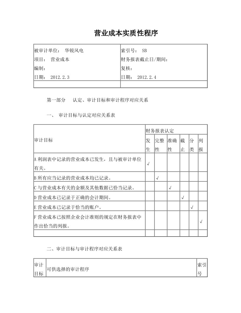 风电公司营业成本实质性程序及附表