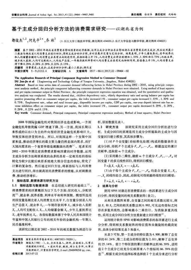 基于主成分回归分析方法的消费需求研究——以湖北省为例-论文